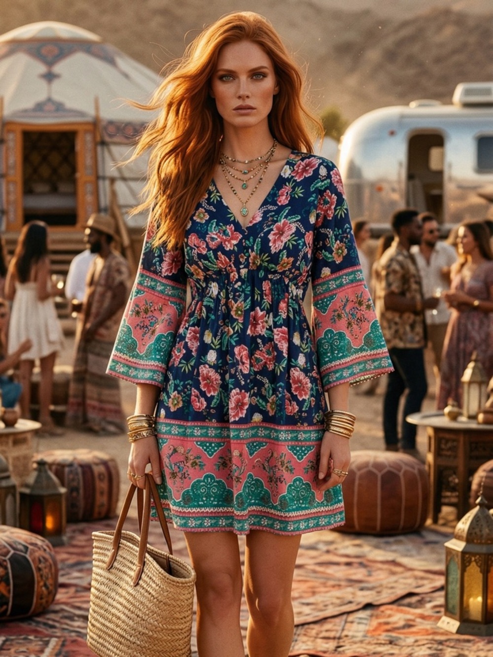 Women Boho Floral V-Neck 3/4 Sleeve Flowy Babydoll Mini Dress Blue Pink Green